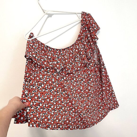 H&M One Shoulder Top Red White Navy Blue Floral Ruffle Trim 100% Cotton Tank 4XL - Picture 13 of 13